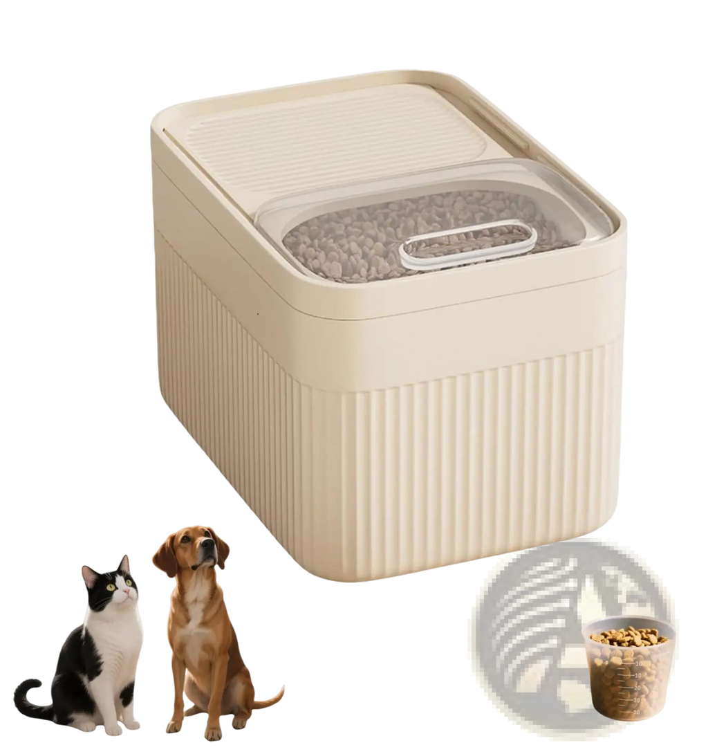 Beige ribbed plastic airtight pet food storage container with clear lid and handle including measuring cup