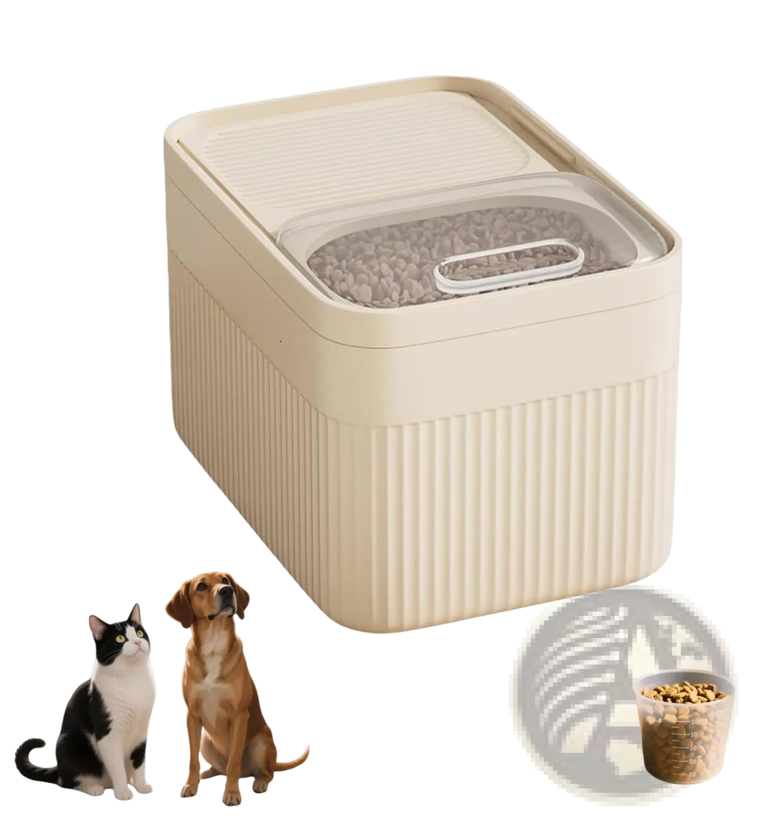 Beige ribbed plastic airtight pet food storage container with clear lid and handle including measuring cup