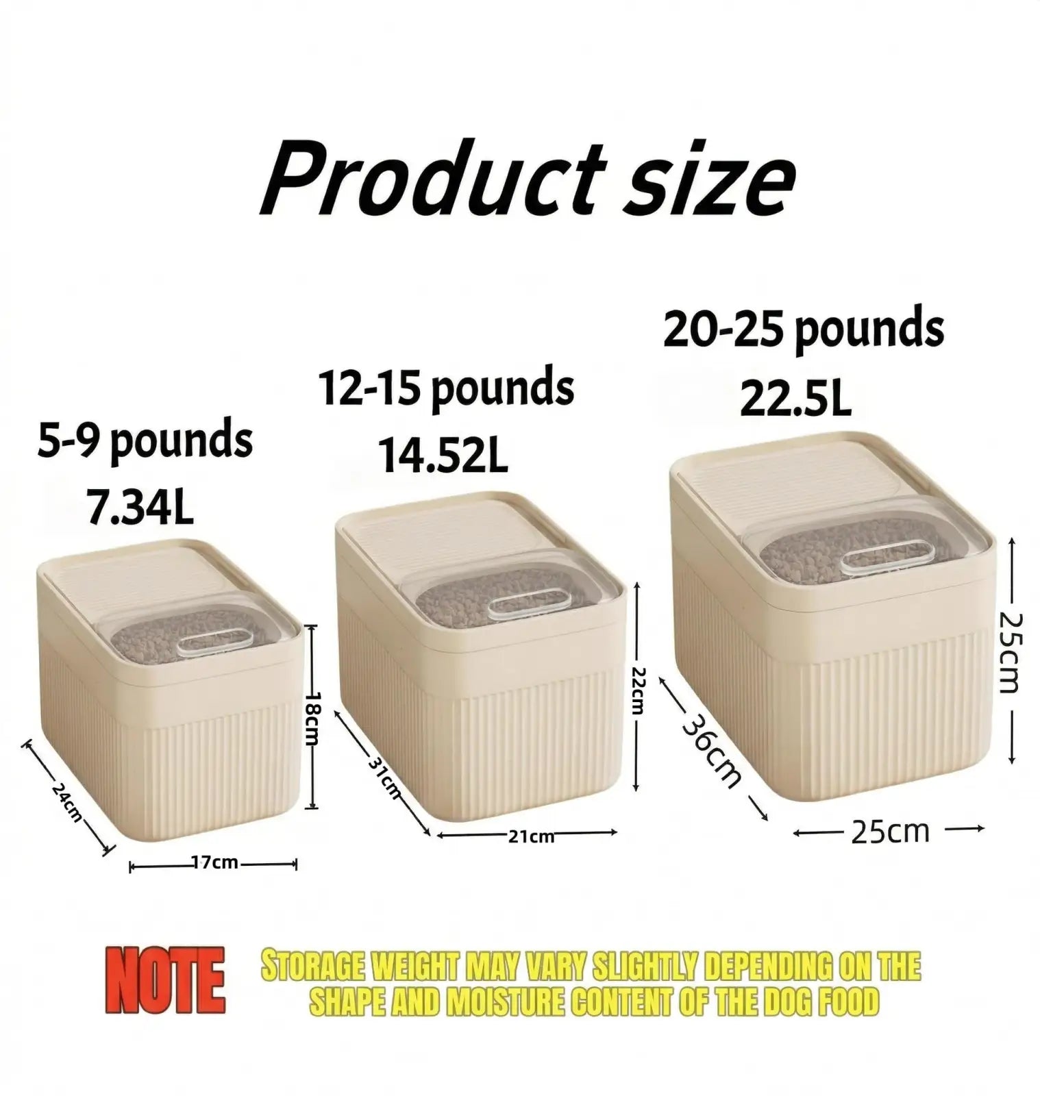 Beige plastic airtight pet food storage containers with ribbed sides and clear hinged lids with measuring cup