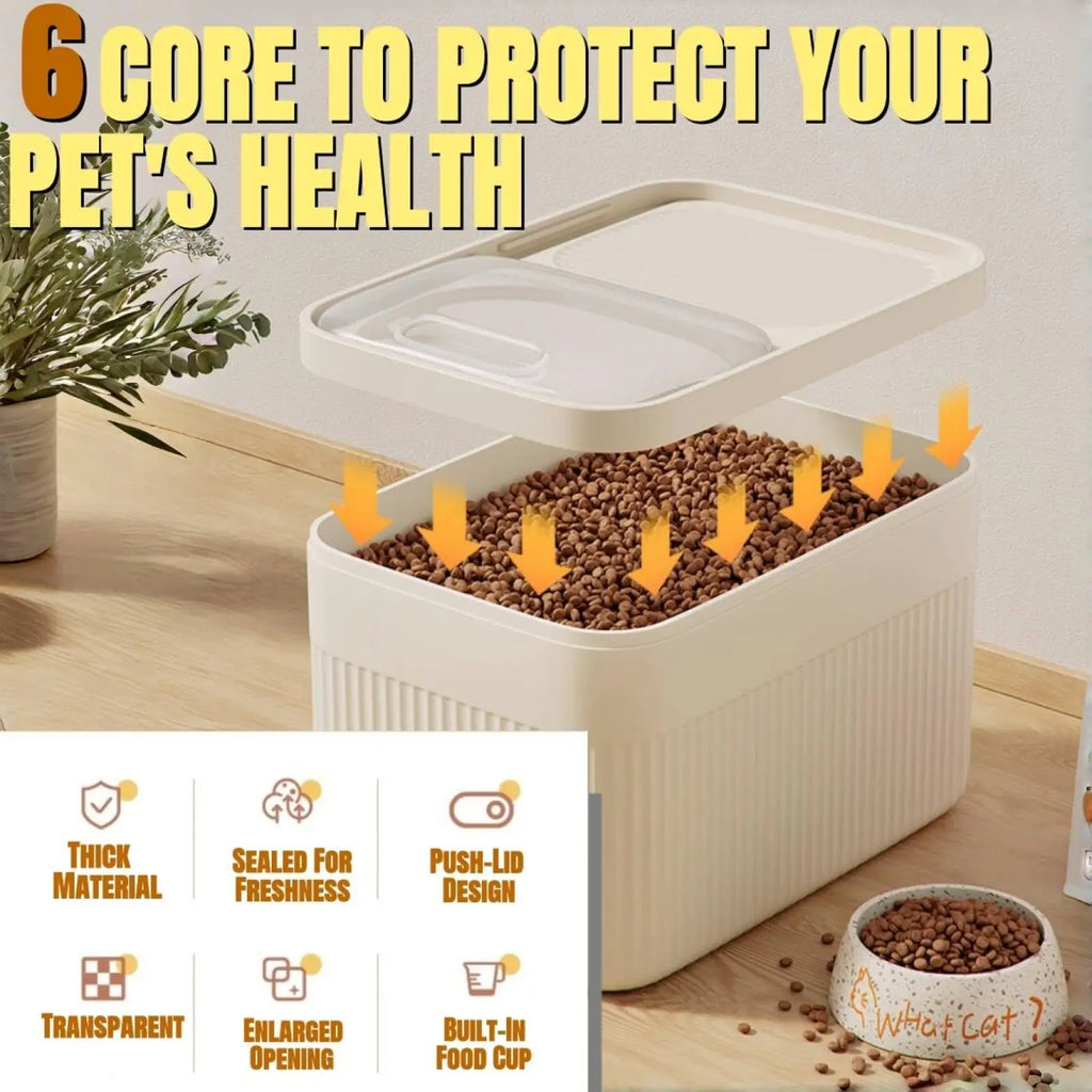Cream-colored plastic airtight pet food storage container with push-lid design and ribbed sides with measuring cup