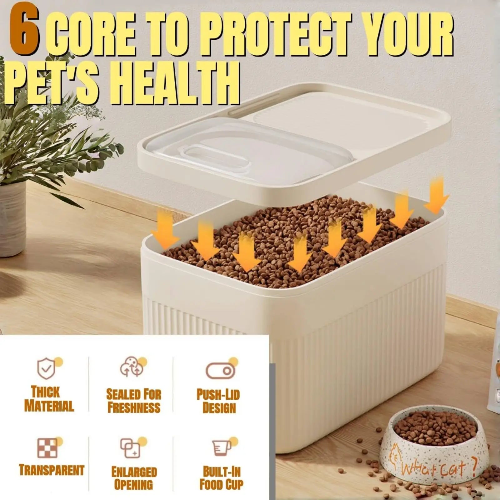 Cream-colored plastic airtight pet food storage container with push-lid design and ribbed sides with measuring cup