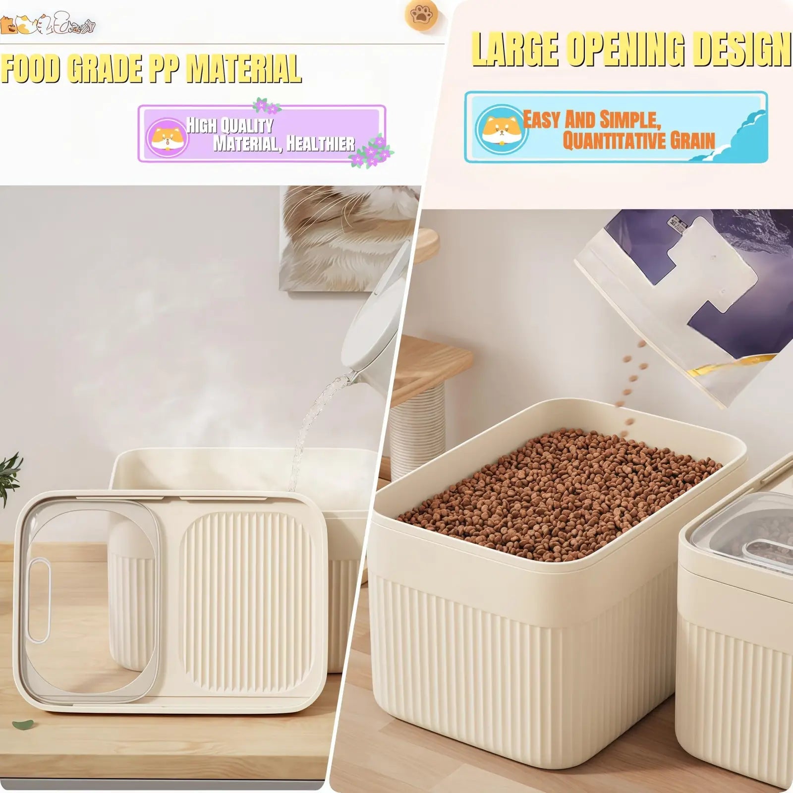 Cream-colored airtight pet food storage container with clear lid and vertical ribbed sides includes measuring cup