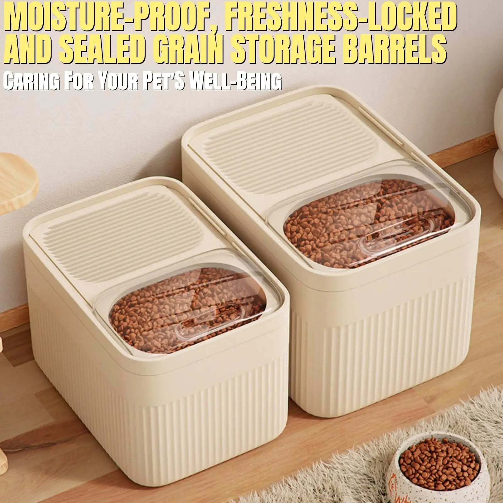 Cream-colored plastic airtight pet food storage barrels with transparent lids and ribbed sides for moisture-proof use