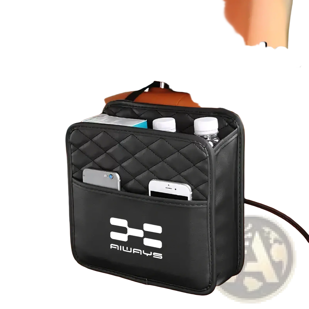 Black quilted aiways u5 backseat organizer storage bag with multiple compartments and white logo on back side