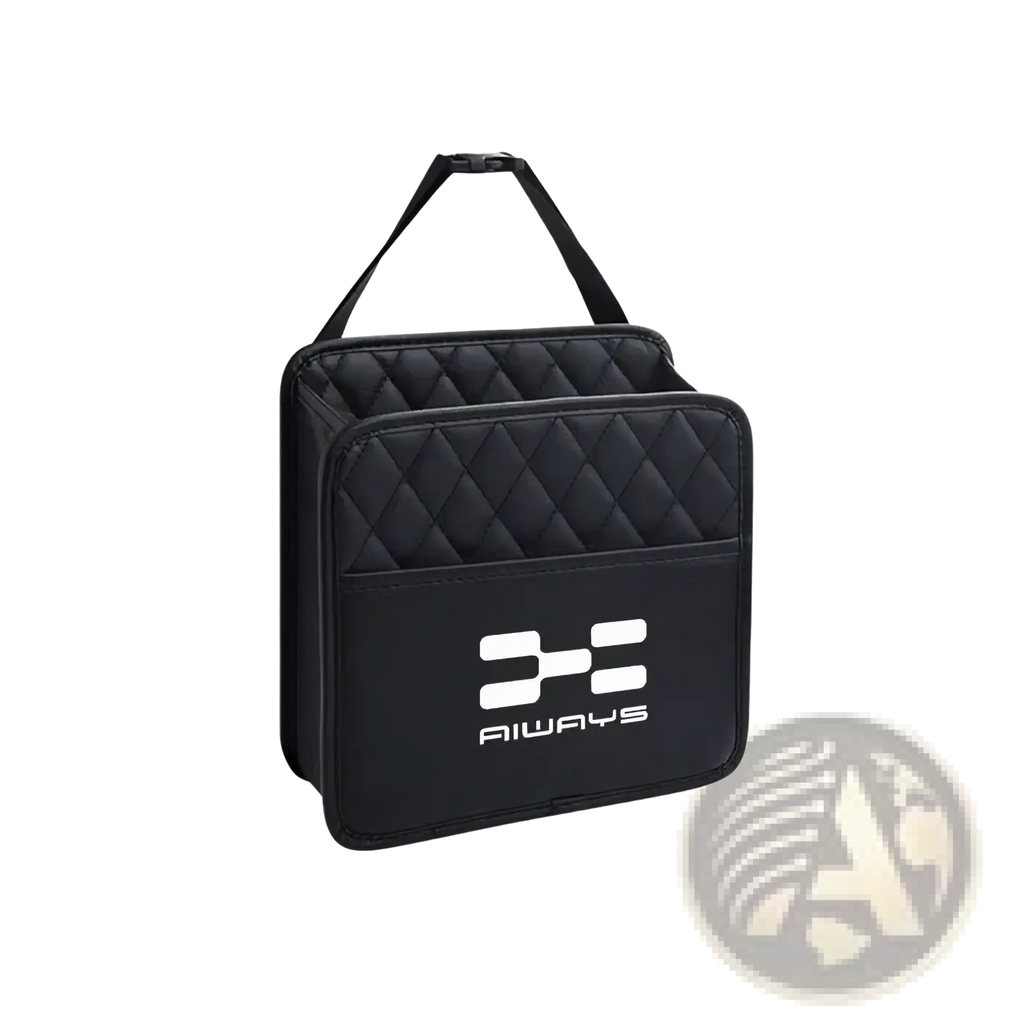 Black quilted fabric aiways u5 backseat organizer with white always logo for car seat storage and organization