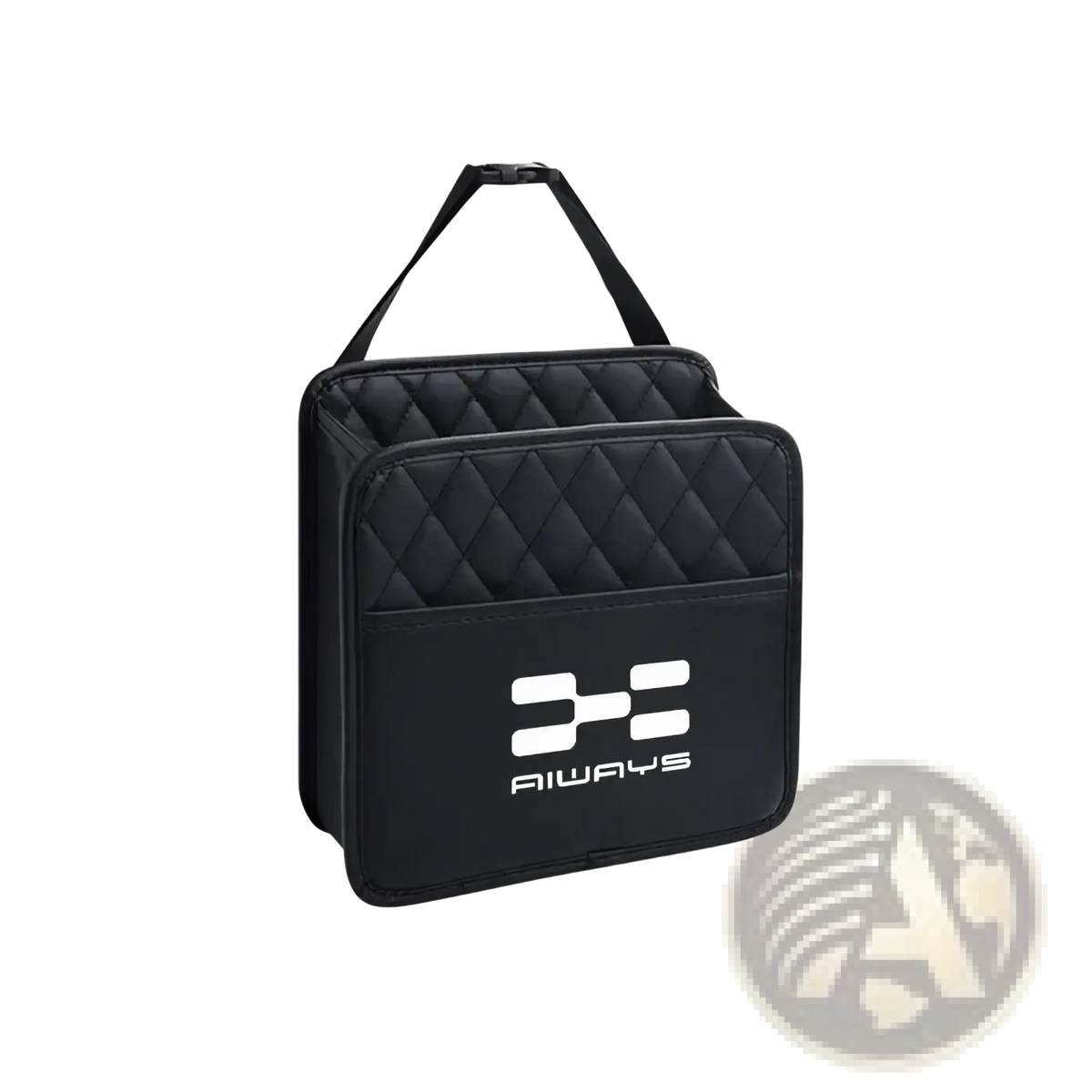 Black quilted fabric aiways u5 backseat organizer with white always logo for car seat storage and organization