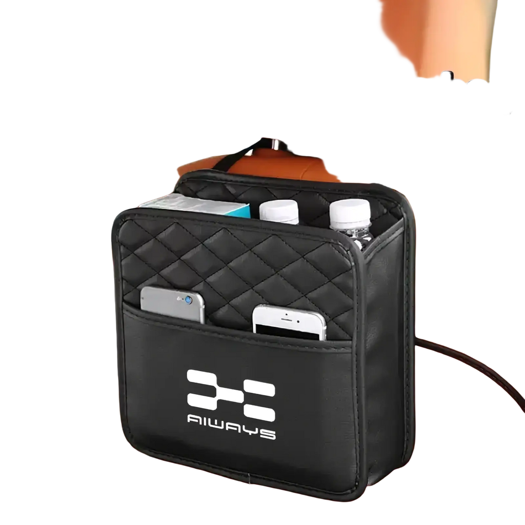 Black quilted aiways u5 backseat organizer storage bag with multiple compartments and white logo on back side