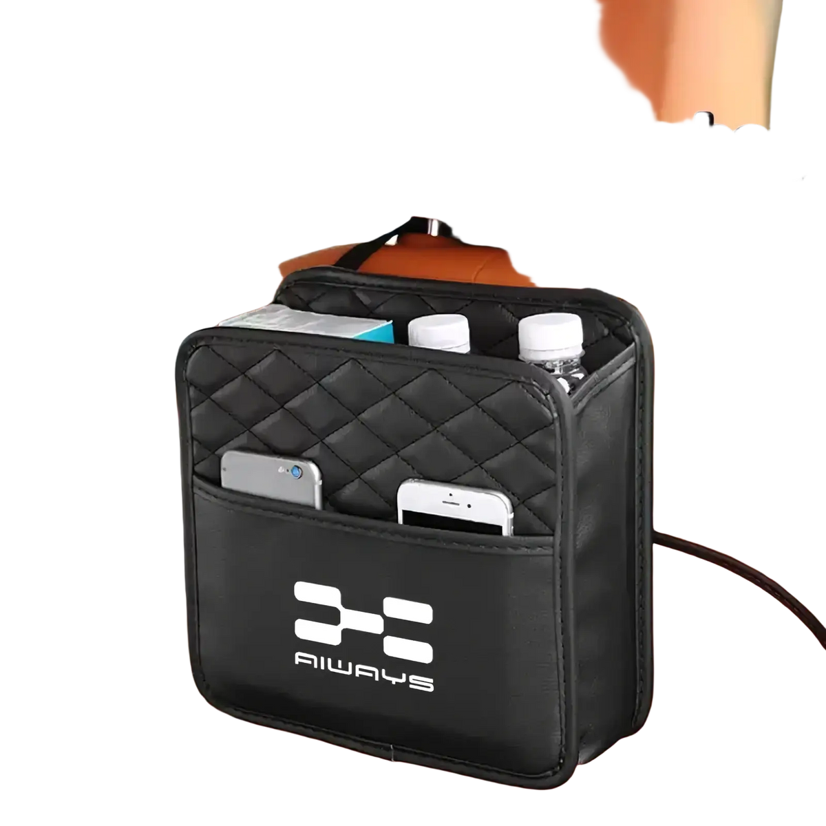 Black quilted aiways u5 backseat organizer storage bag with multiple compartments and white logo on back side