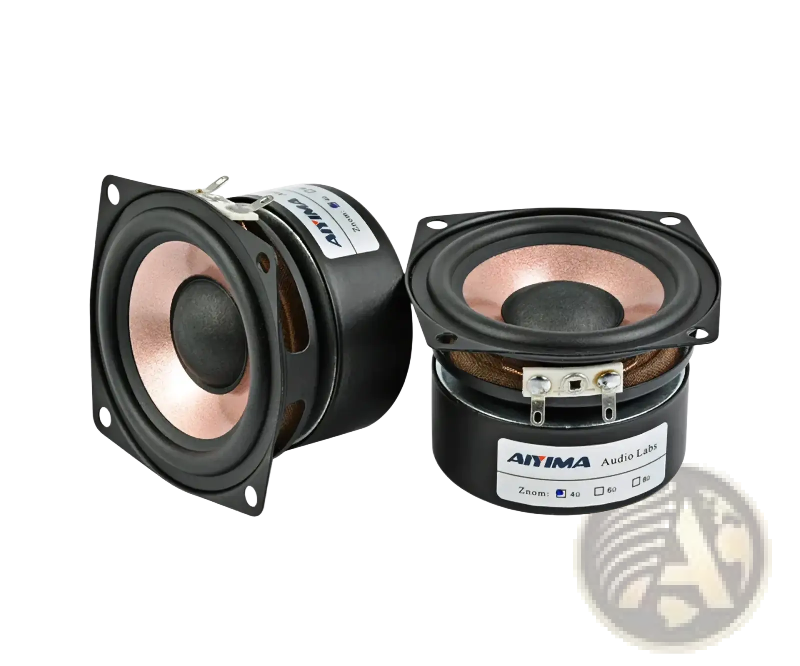 Aiyima 2.5 inch full range black square audio speakers with copper cones and silver brackets by aitima audio labs
