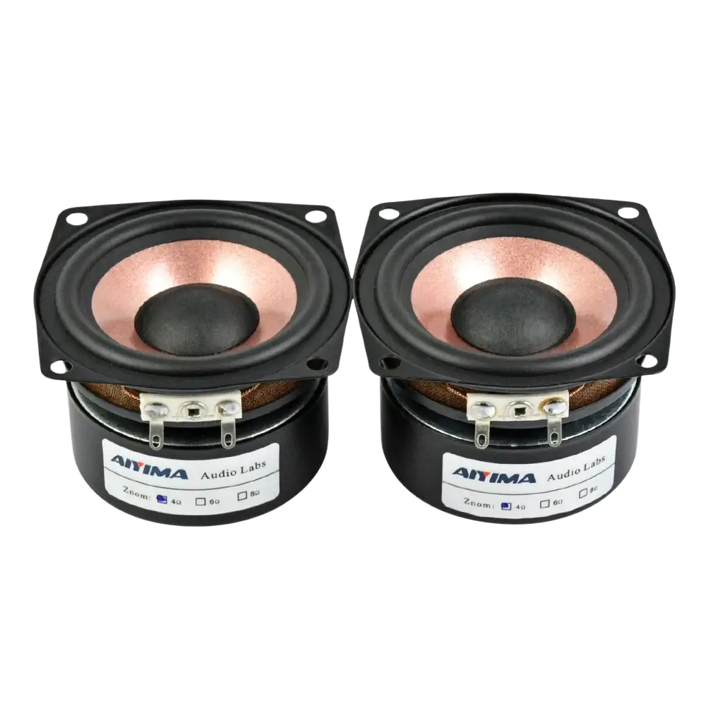 Aiyima 2.5 inch full range audio speakers pair featuring black 40mm tweeters with copper cones and silver terminals
