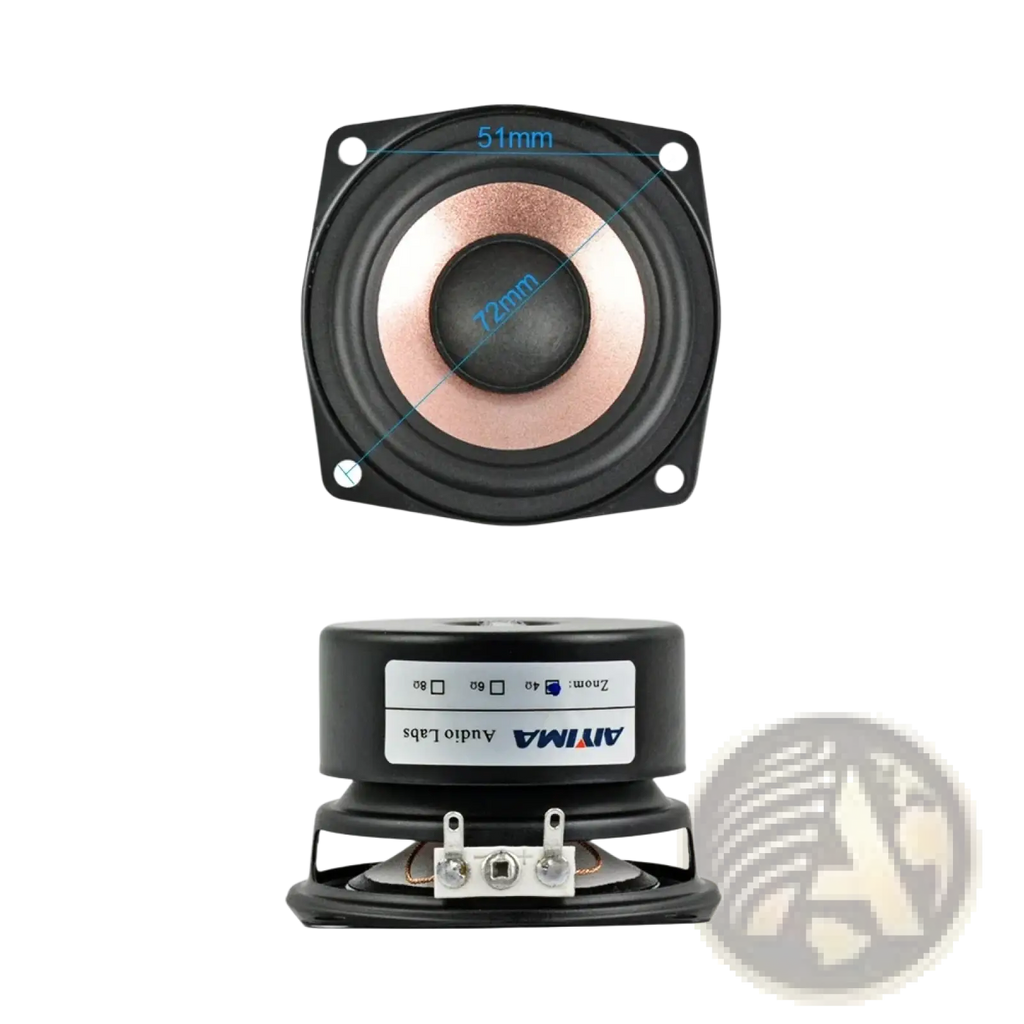 Aiyima 2.5 inch full range audio speaker pair featuring black and copper 68mm square woofer with central black cone branded aima audio labs