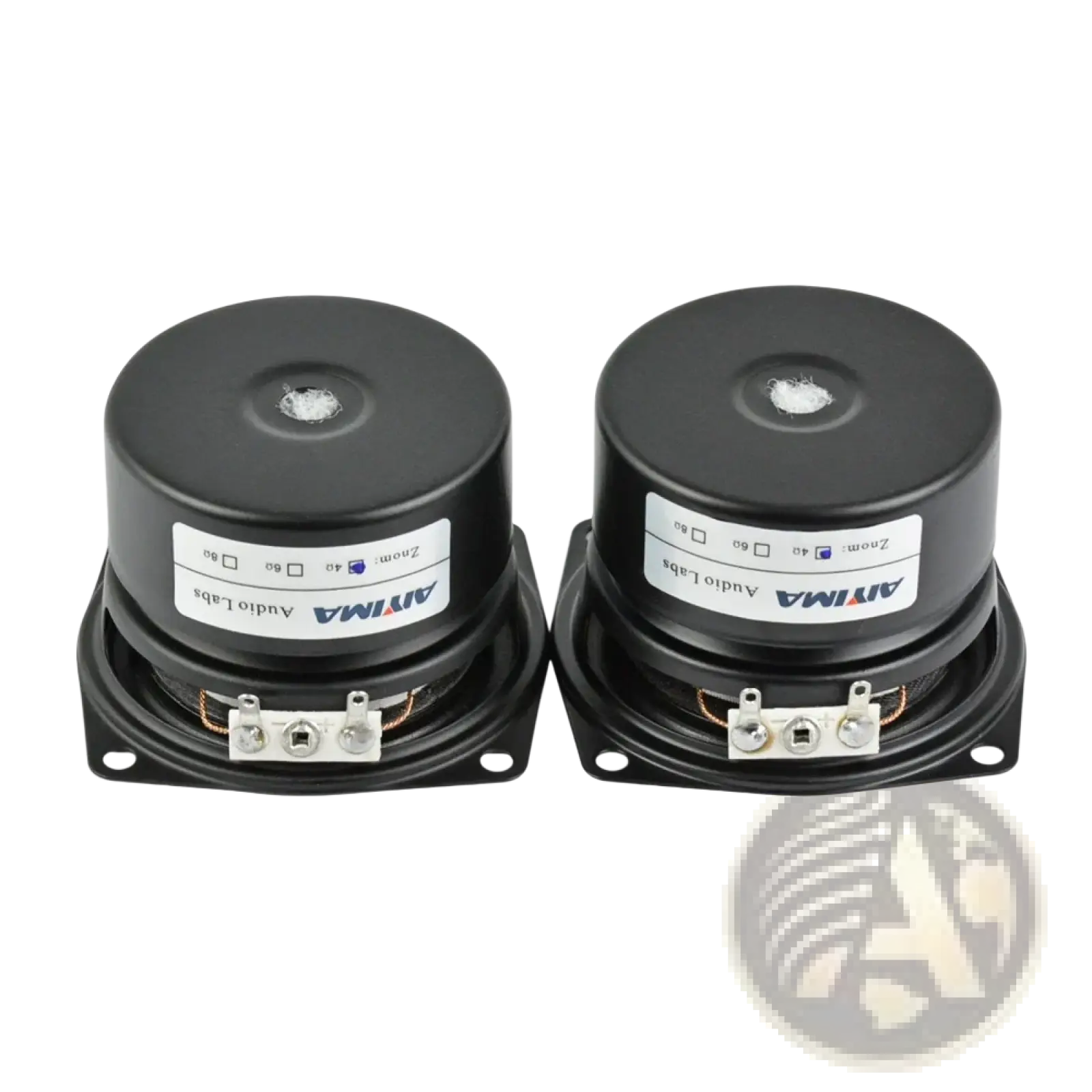 A pair of black cylindrical Aiyima 2.5 inch full range audio speakers with silver terminals and white labels on the back