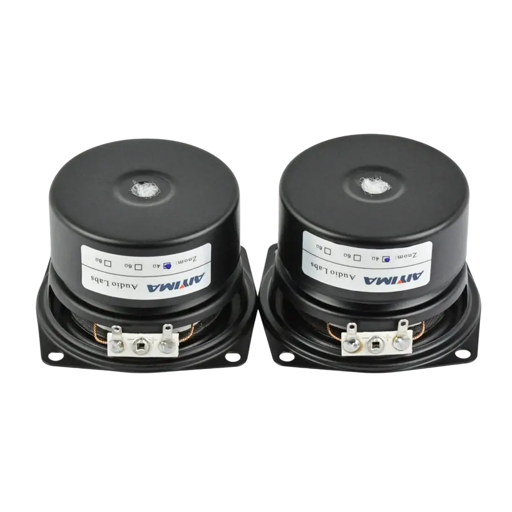 A pair of black cylindrical Aiyima 2.5 inch full range audio speakers with silver terminals and white labels on the back