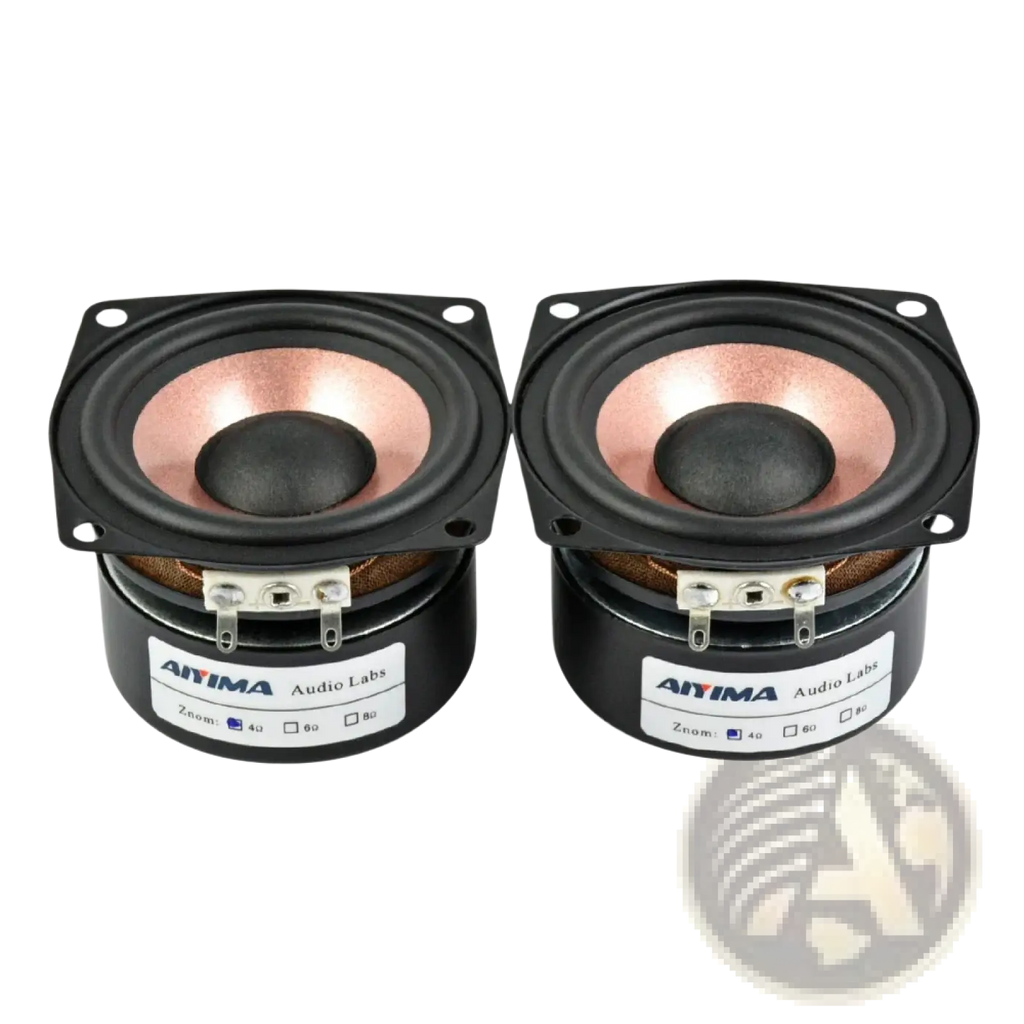 Aiyima 2.5 inch full range audio speakers pair featuring black 40mm tweeters with copper cones and silver terminals
