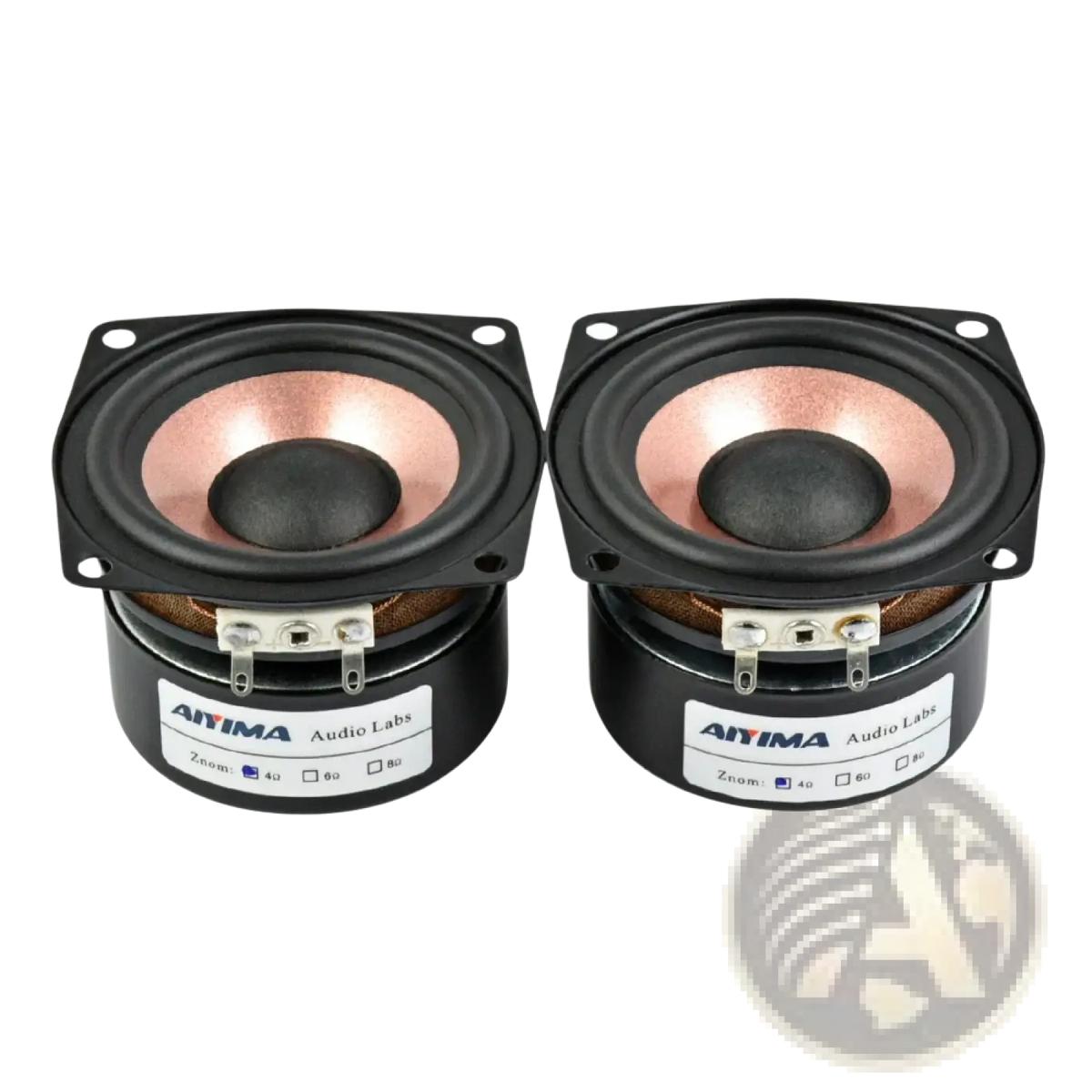 Aiyima 2.5 inch full range audio speakers pair featuring black 40mm tweeters with copper cones and silver terminals