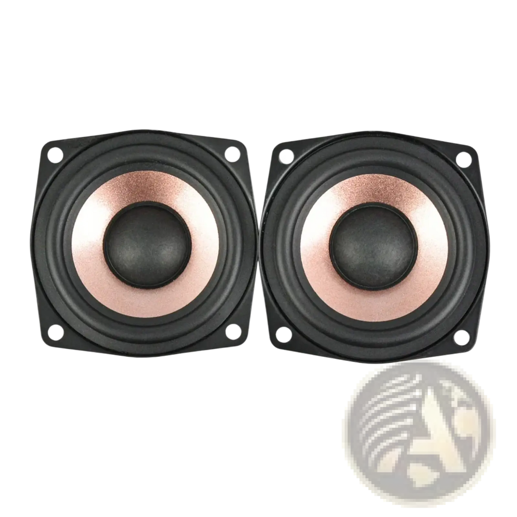 Aiyima 2.5 inch full range audio speakers pair with black square casing and rose gold cones with black dust caps