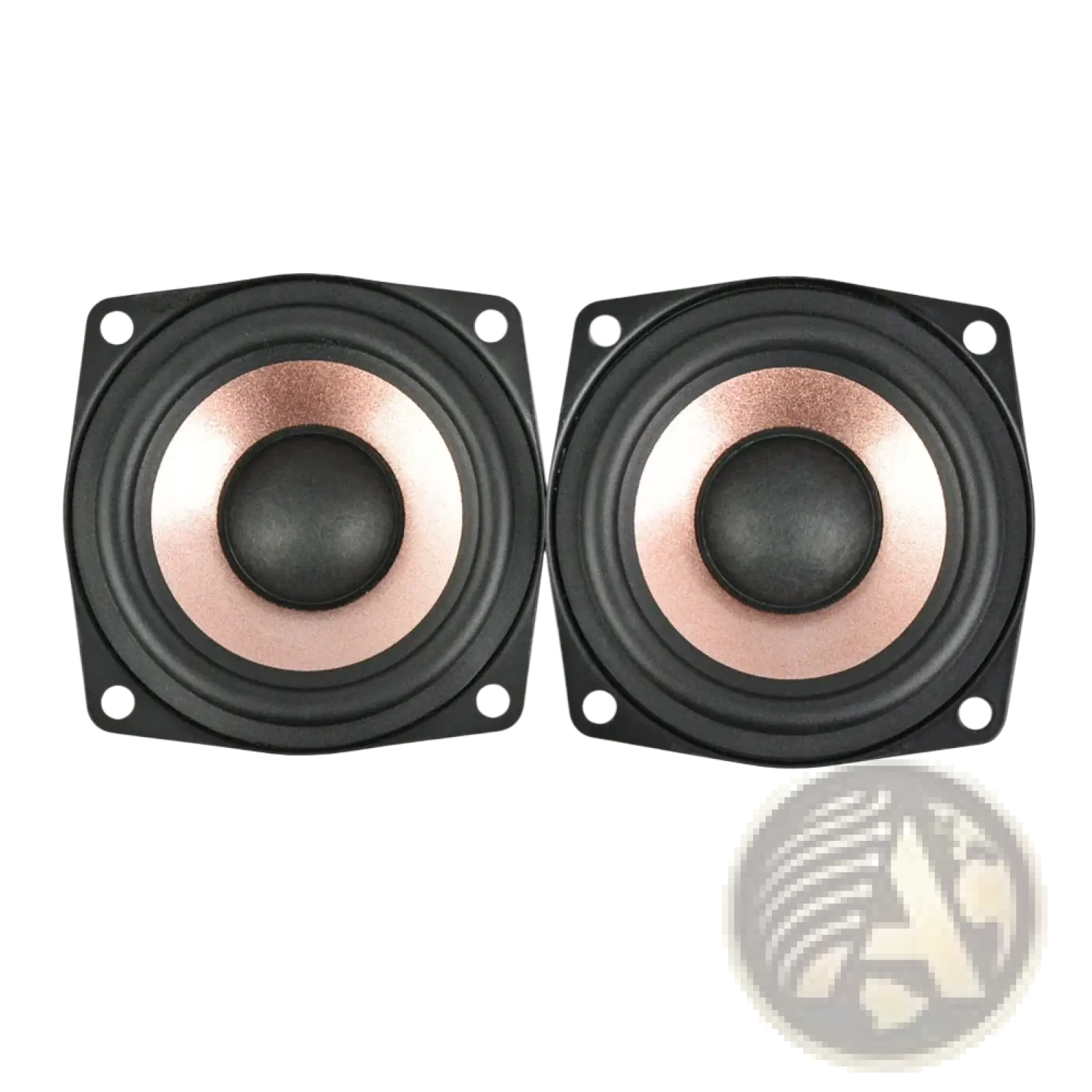 Aiyima 2.5 inch full range audio speakers pair with black square casing and rose gold cones with black dust caps