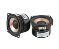 Black square 40mm aitma audio labs full range speakers with copper cones and silver terminals front view