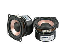 Black square 40mm aitma audio labs full range speakers with copper cones and silver terminals front view