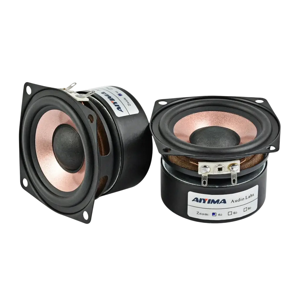 Aiyima 2.5 inch full range audio speakers pair featuring 2 inch square black plastic frame woofers with copper voice coils