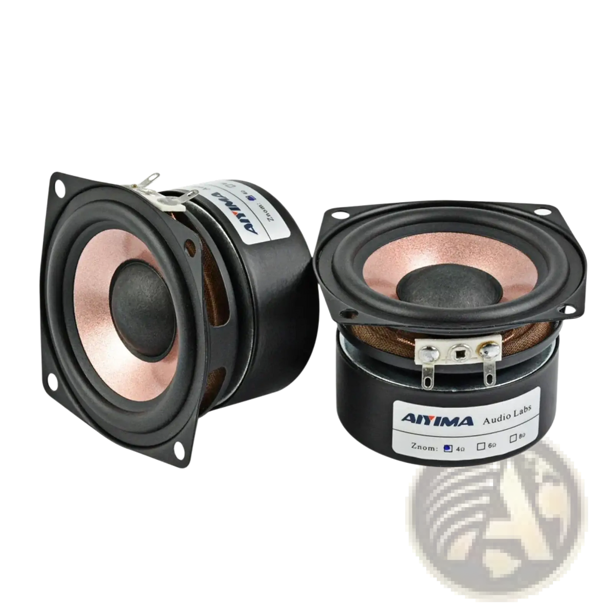 Aiyima 2.5 inch full range audio speakers pair featuring 2 inch square black plastic frame woofers with copper voice coils