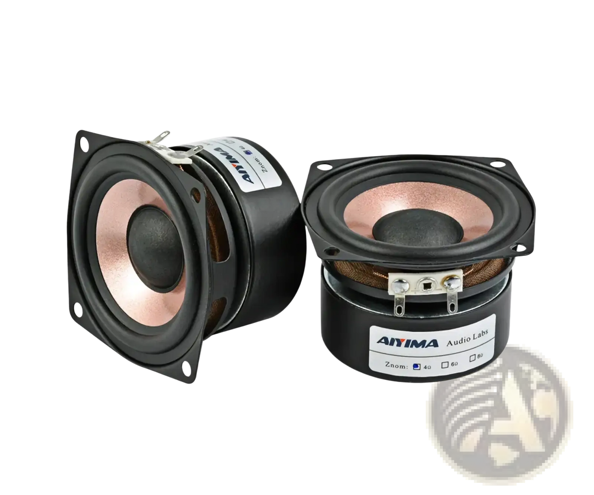 Aiyima 2.5 inch full range desktop speakers with black casing copper cones and silver mounting brackets by Aitima Audio Labs