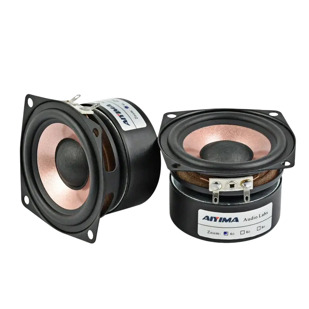 Aiyima 2.5 inch full range desktop speakers with black frame copper cones and silver terminals 15w drivers