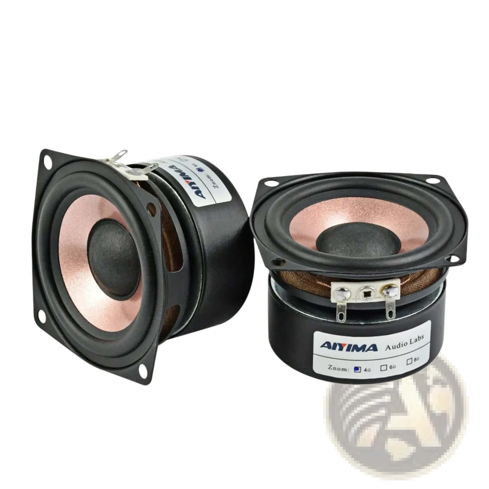 Aiyima 2.5 inch full range desktop speakers with black frame copper cones and silver terminals 15w drivers