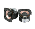 Aiyima 2.5 inch full range desktop speakers with black casing copper cones and silver mounting brackets by Aitima Audio Labs