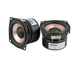 Aiyima 2.5 inch full range desktop speakers with black casing copper cones and silver mounting brackets by Aitima Audio Labs