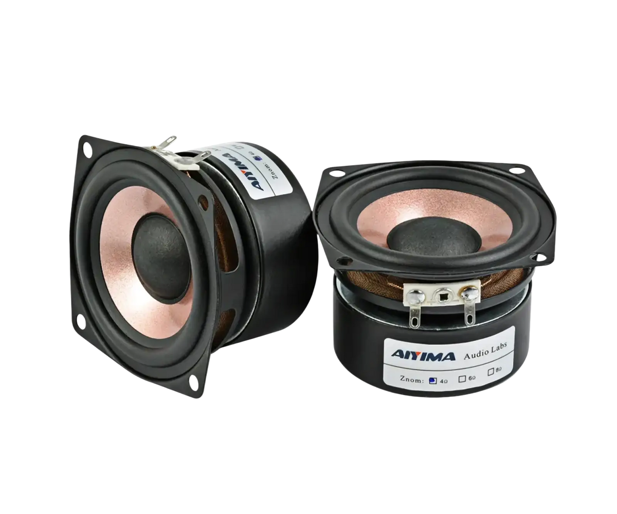 Black 40mm aitma audio labs square speakers with copper cones and silver terminals in aiyima 2.5 inch 15w desktop speakers