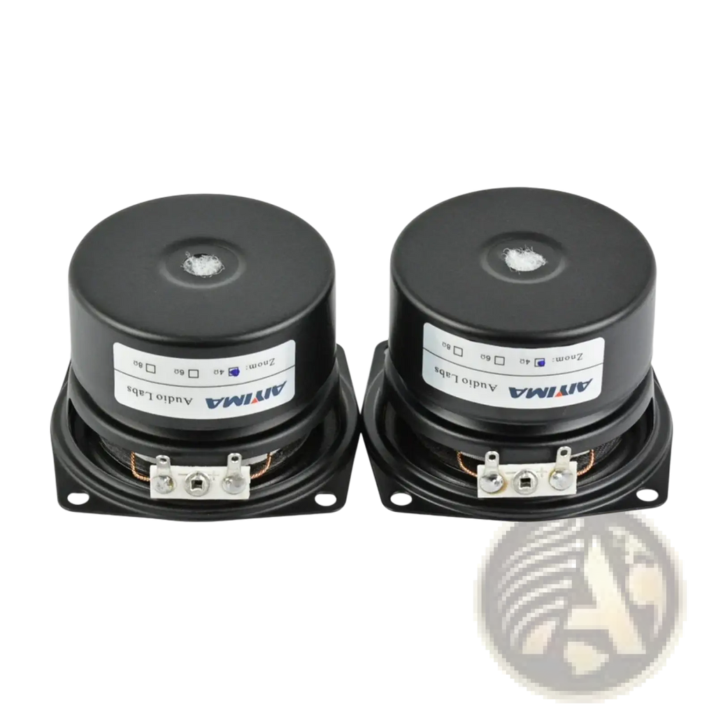 A pair of black cylindrical aiyima 2.5 inch full range desktop speakers with silver terminal connectors and white labels