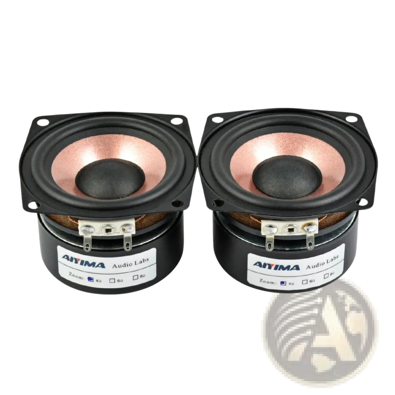 Aiyima 2.5 inch full range desktop speakers with black 40mm tweeters featuring copper cones and silver terminals