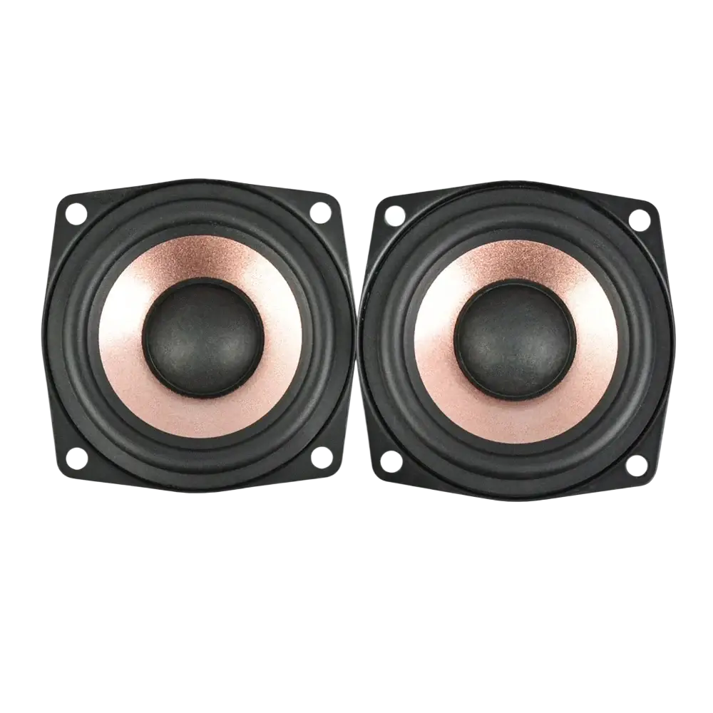 Aiyima 2.5 inch full range desktop speakers with black square housing and rose gold cones for 15w audio output