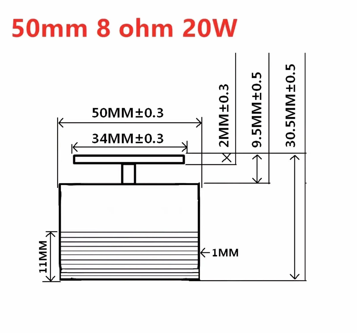Aiyima 25w full range sound exciter speaker showing a 50mm 8 ohm 20w driver with rectangular multi-layered design