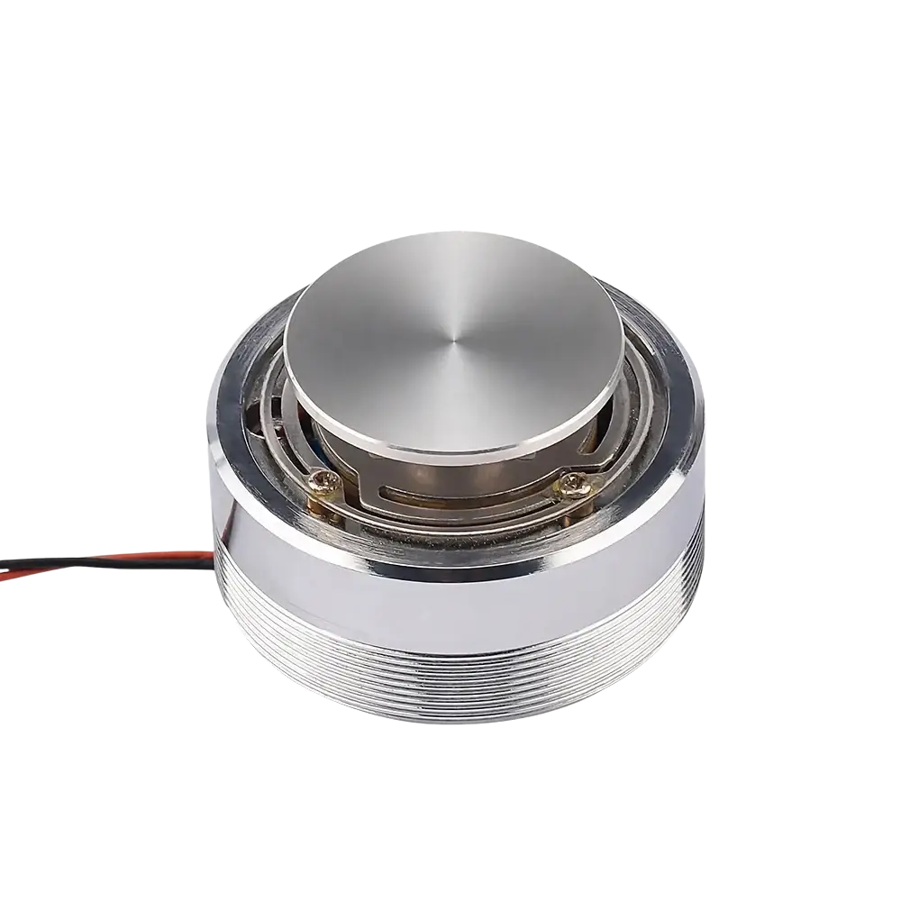 Aiyima 25w full range sound exciter speaker silver cylindrical driver with brushed metal finish and visible internal components