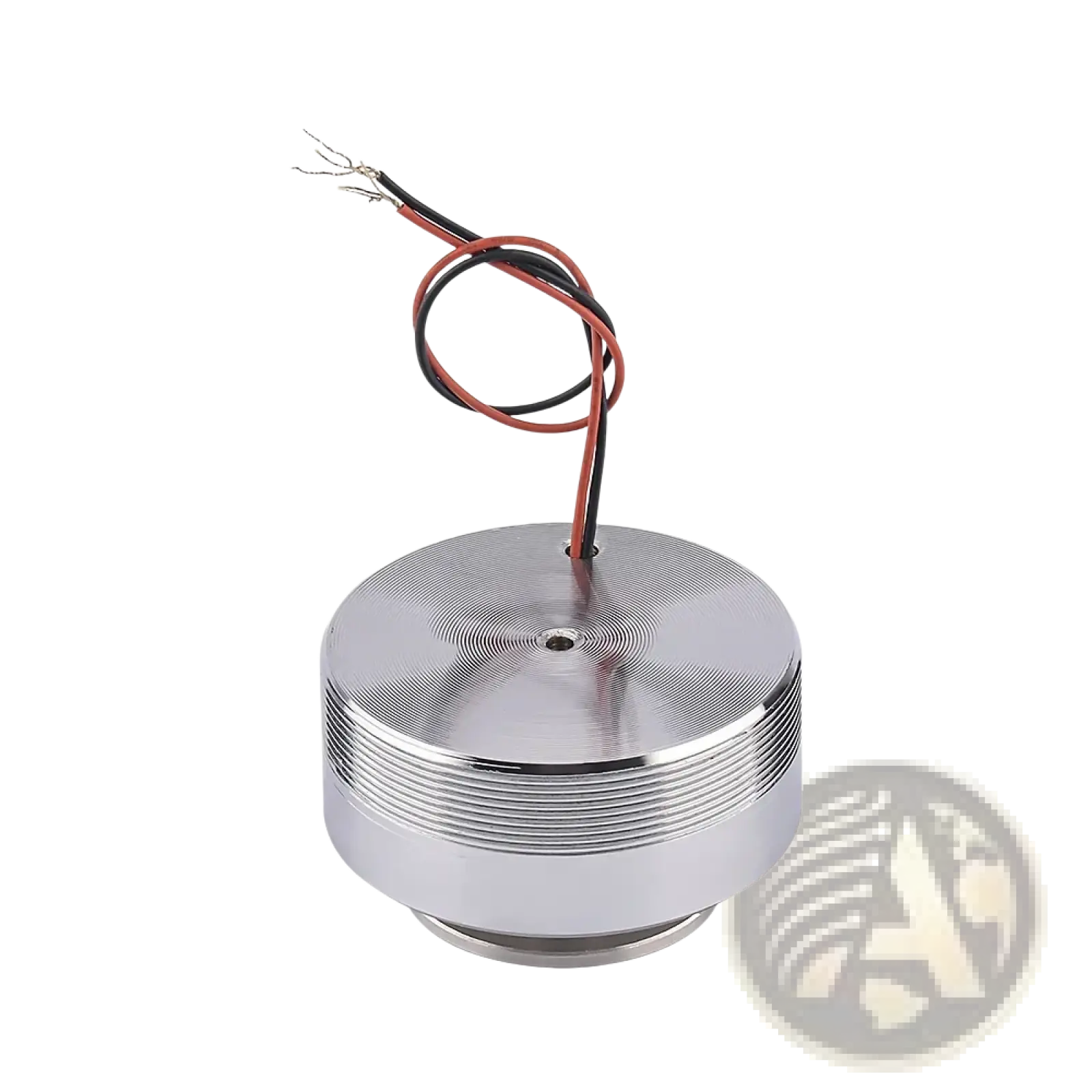 Aiyima 25w full range sound exciter speaker with silver cylindrical brushed metal electromagnetic actuator and red black wires