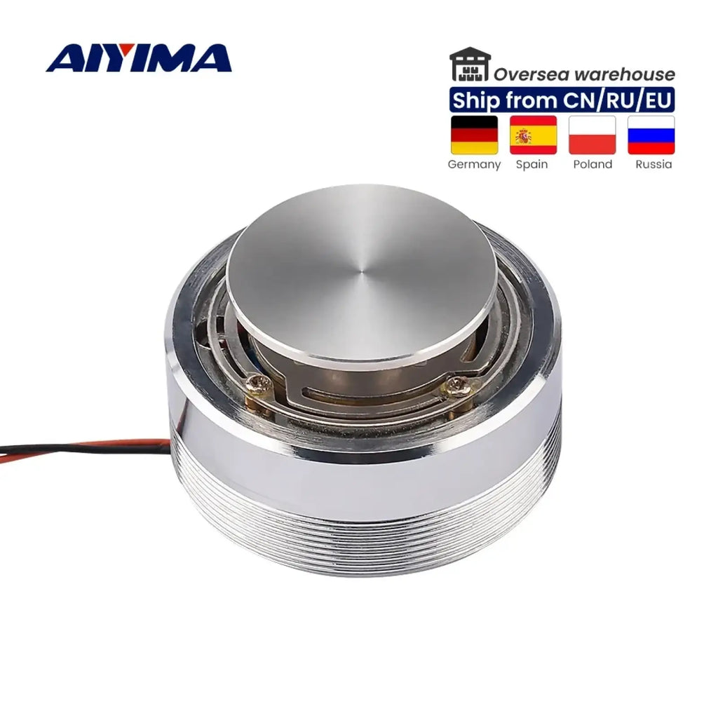 Aiyima 25w full range sound exciter speaker silver cylindrical driver with brushed metal finish and visible internal components