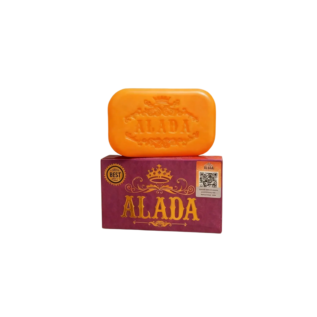 Orange alada brightening cleansing soap bar with embossed crown on purple box for glowing skin feeling and cleansing soap use