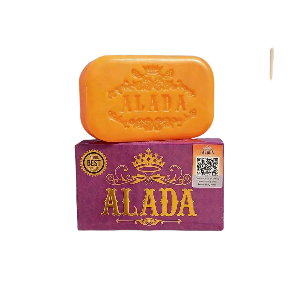 Orange alada brightening cleansing soap bar with embossed crown on purple box for radiant skin feeling