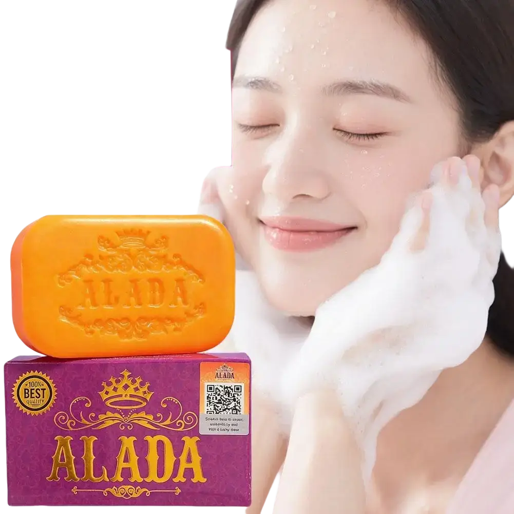 Orange alada brightening cleansing soap with embossed crown on purple box for skin feeling refreshed and clean