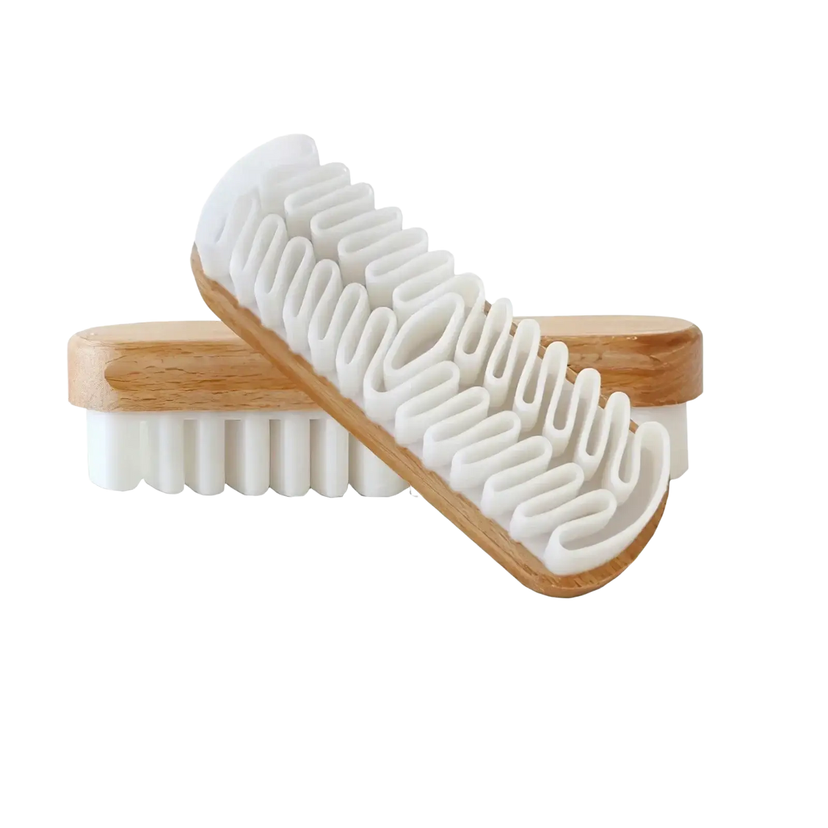 White bristle shoe brush with light wood handle designed for alcantara suede car interior cleaning