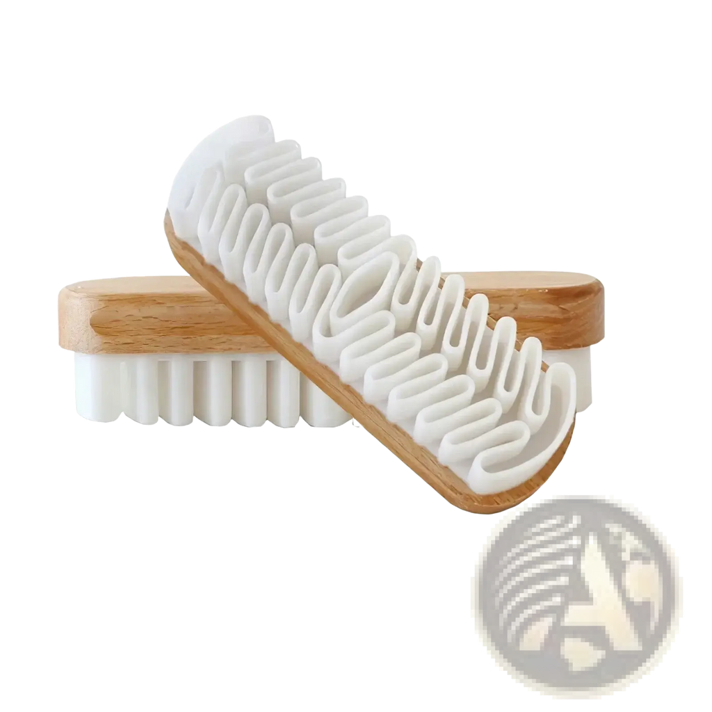 White bristle shoe brush with light wood handle designed for alcantara suede car interior cleaning