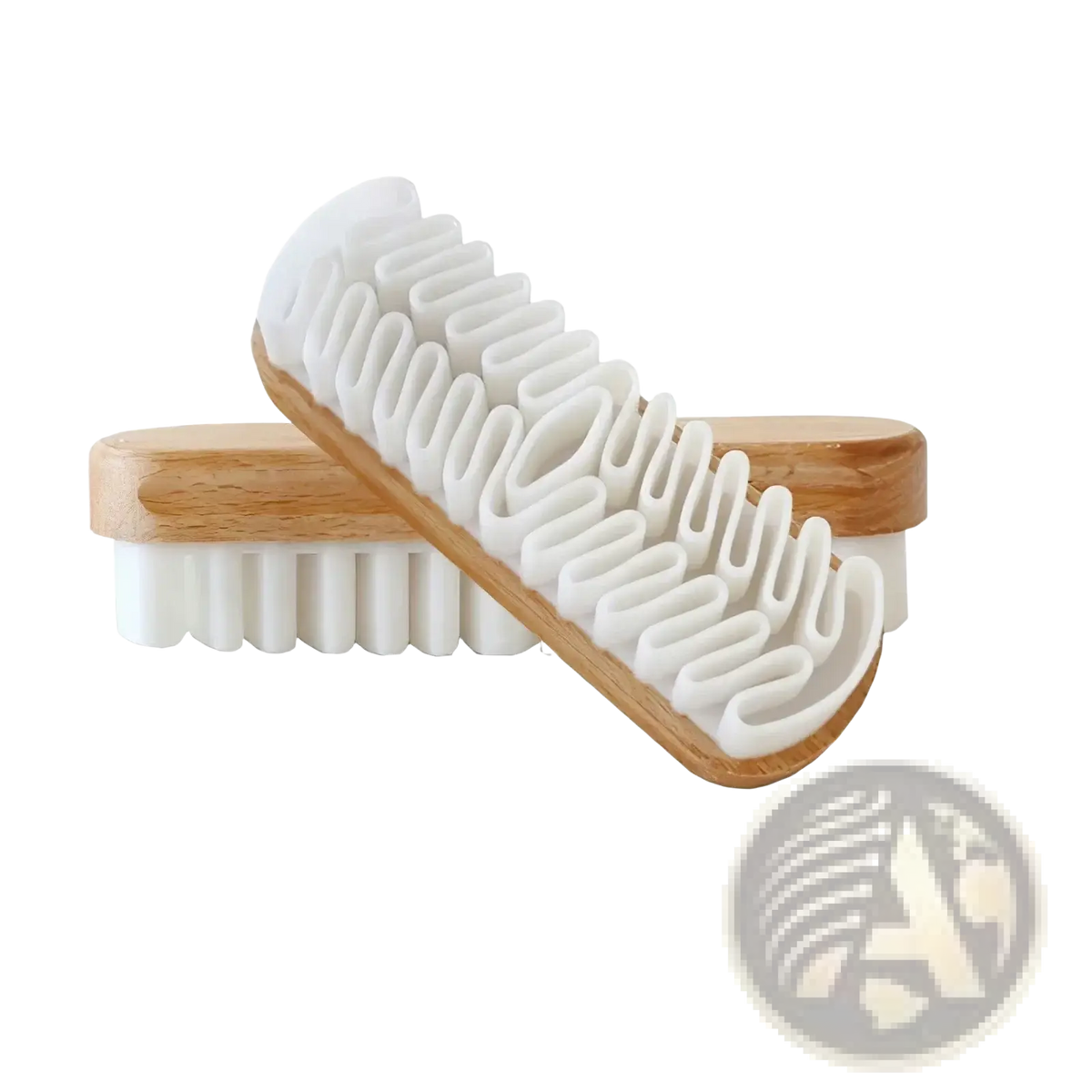 White bristle shoe brush with light wood handle designed for alcantara suede car interior cleaning