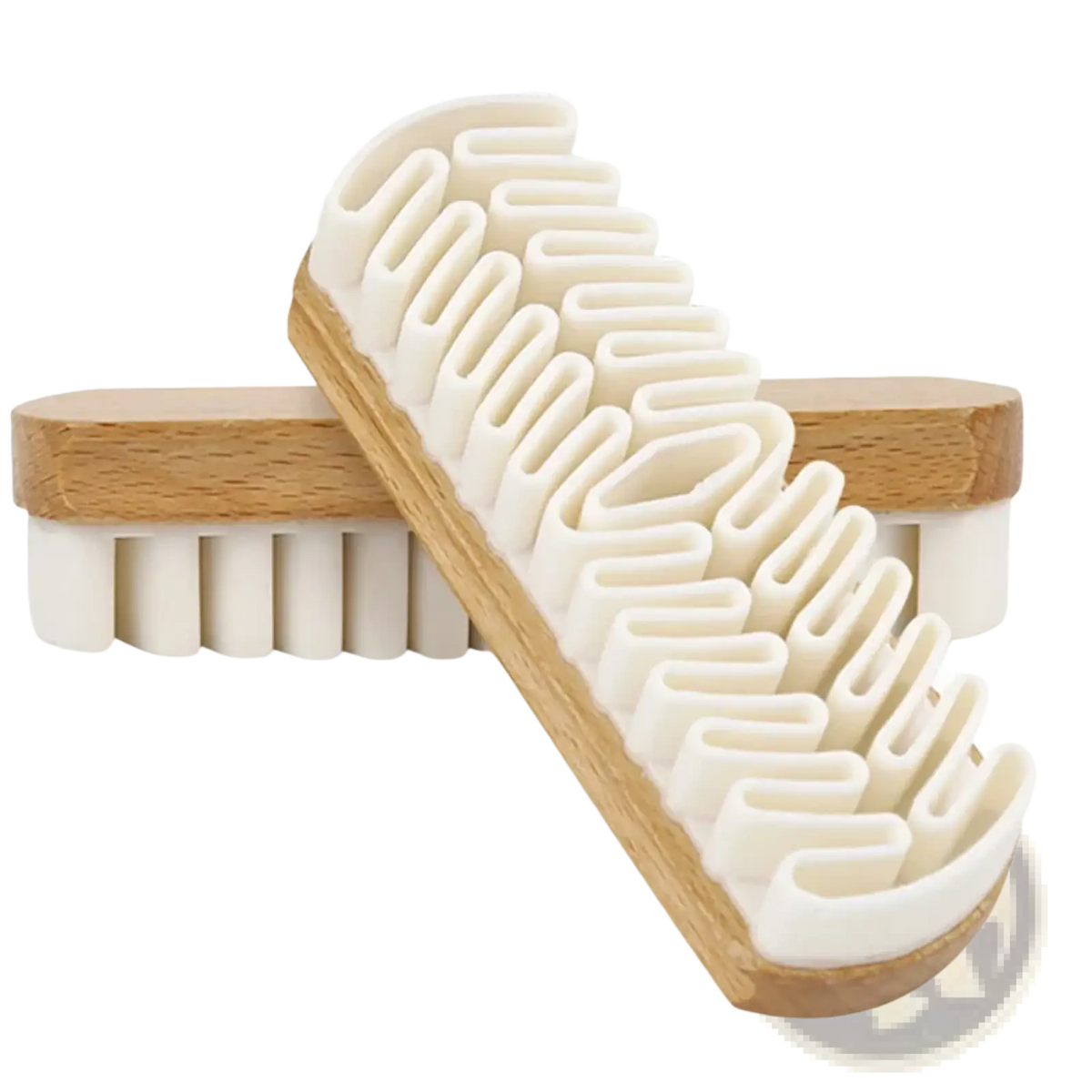 White plastic alcantara suede car interior cleaning brush with natural wood handle and uniquely shaped bristles