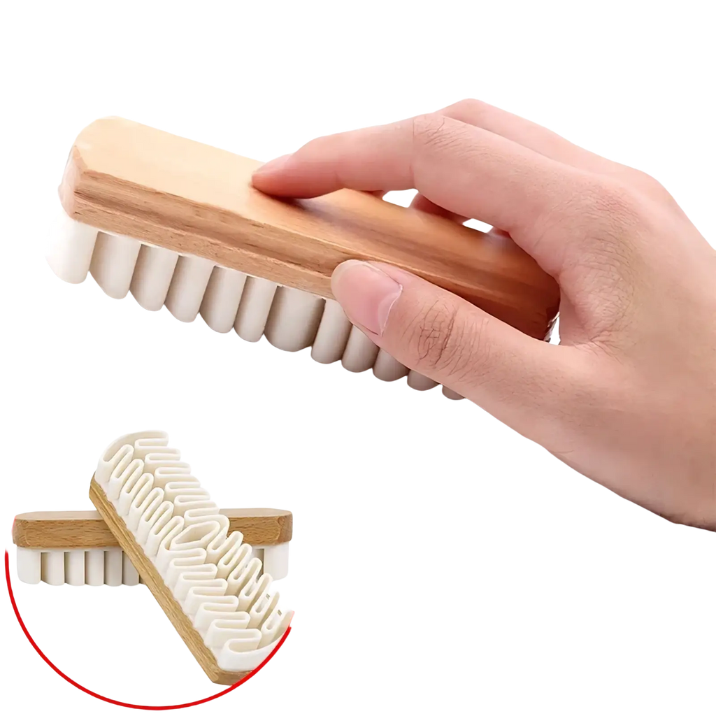 Wooden-handled alcantara suede car interior cleaning brush with white stiff bristles for thorough maintenance