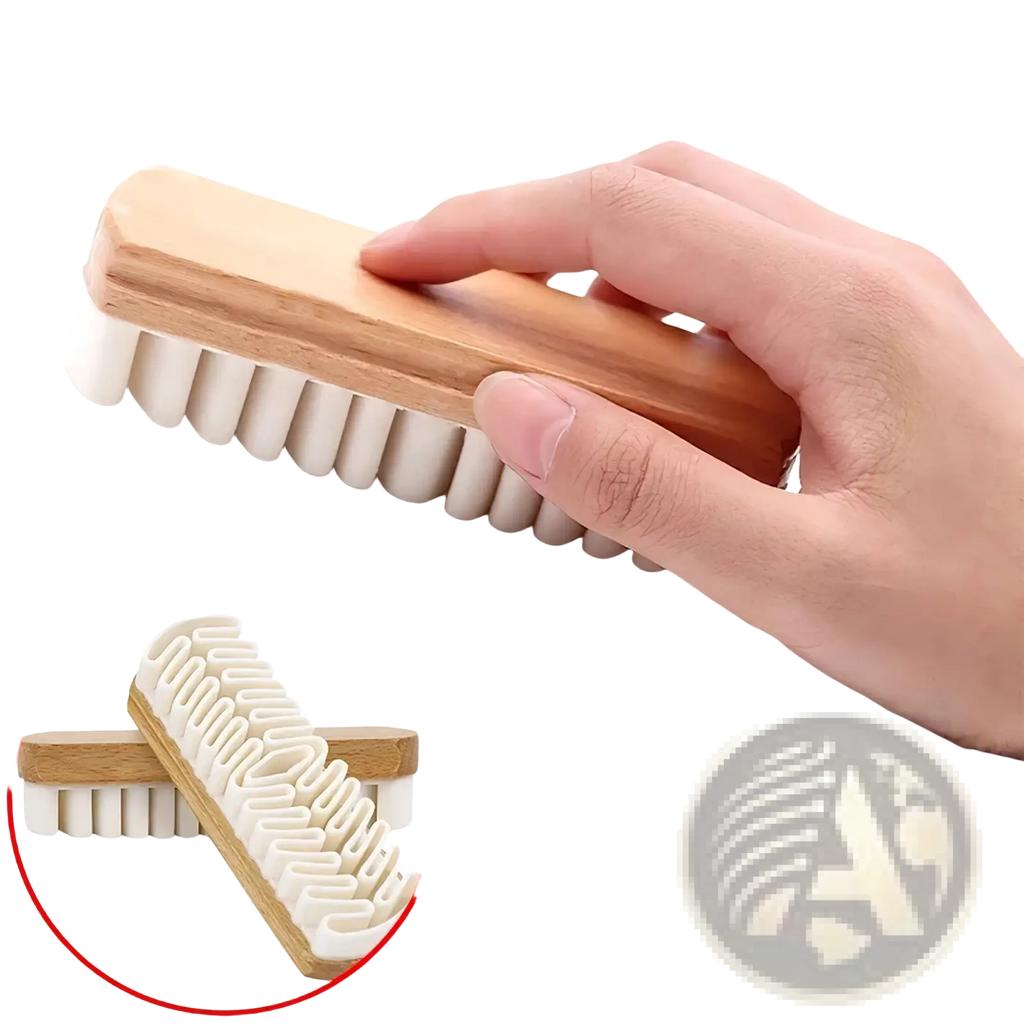 Wooden-handled alcantara suede car interior cleaning brush with white stiff bristles for thorough maintenance