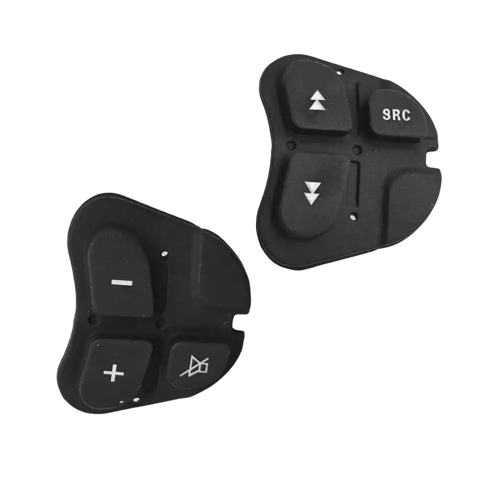 Black plastic alfa 147 steering wheel audio control panel with directional arrows plus minus buttons and 9rc label