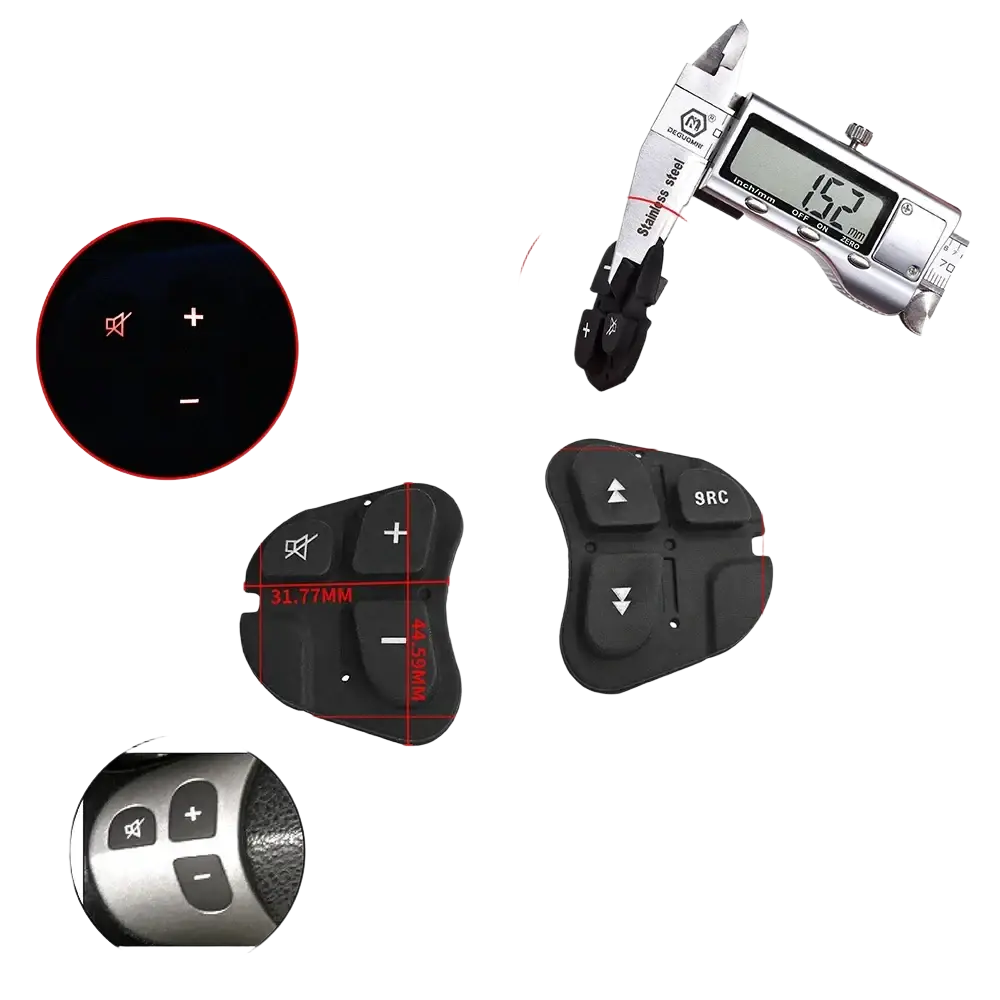 Black plastic Alfa 147 steering wheel audio control module with tactile buttons for volume and track navigation