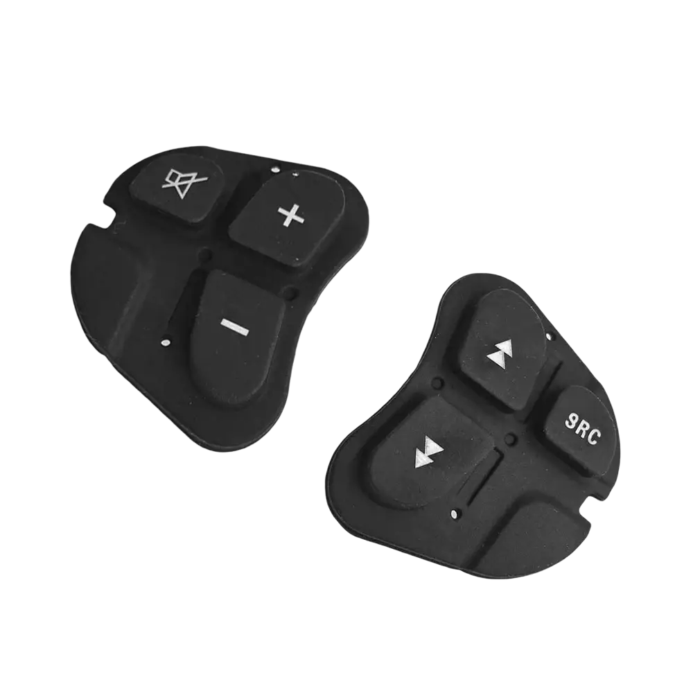 Black plastic Alfa 147 steering wheel audio control button panels with white symbols and markings on the front side